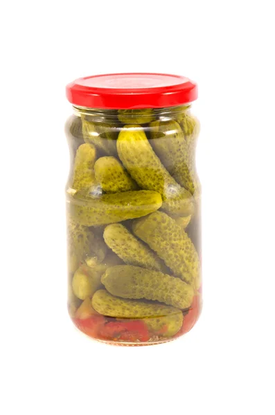 Canned pickled cucumber in glass pot isolated — Stock Photo, Image