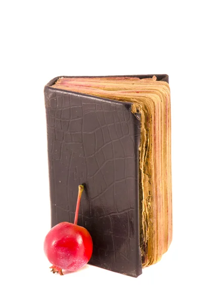 Vecchio libro di preghiere cristianesimo Bibbia con mela isolata su bianco — Foto Stock