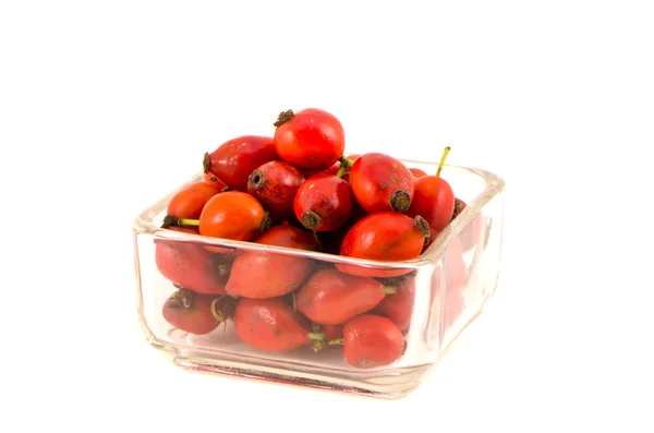 Wild dog rose fruits in glass plate isolated on white — Stock Photo, Image