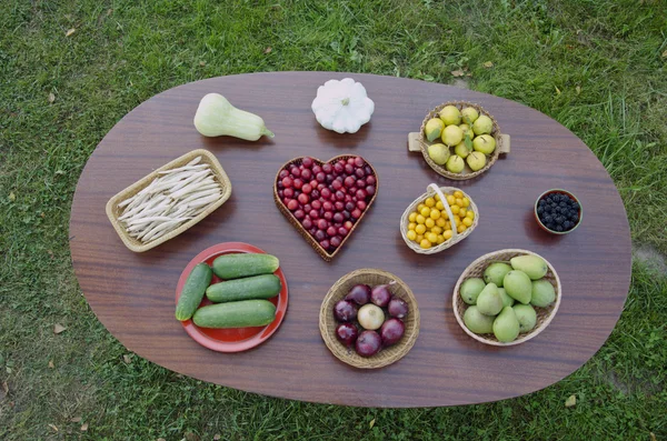 Tavolo ovale su erba da giardino con frutta e verdura — Foto Stock
