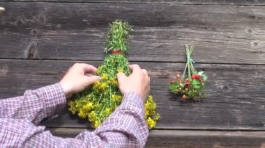 Wall St Johns wort ve yabani çilek üzerinde asılı demet