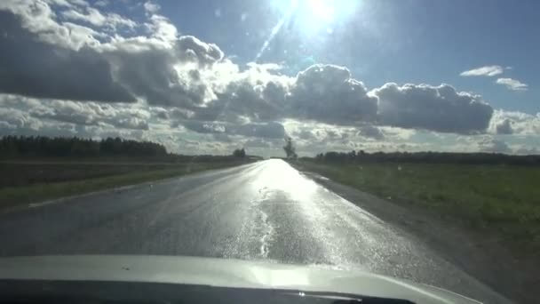 Camino de asfalto y lluvia de la ventana del coche — Vídeos de Stock