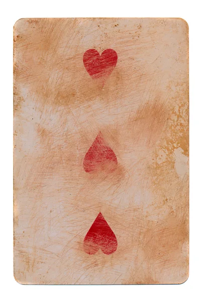 Vintage usado jugando a las cartas con corazones rojos de fondo —  Fotos de Stock