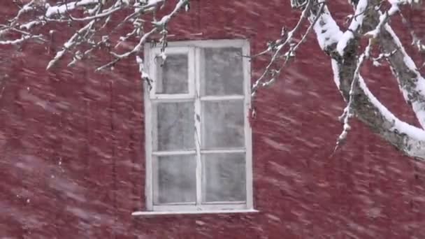 Neve invernale che cade sulla finestra della casa e sullo sfondo della parete — Video Stock