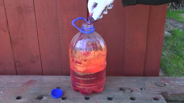 Gießen Motoröl in Flasche mit Benzin für Rasentrimmer — Stockvideo