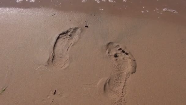 Havet vågor bort fotspår från sandstrand — Stockvideo