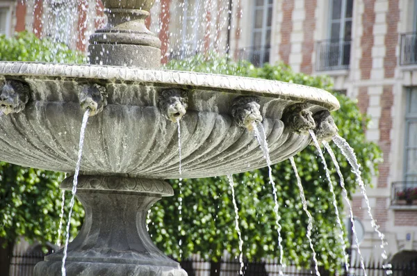 Détail de la fontaine dans les Lieux du Vosges à Paris montrant l'eau de la gueule des lions — Photo