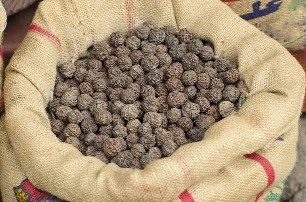 Rudraksha tree fruits nuts in sack, Asia market, India — Stock Photo, Image