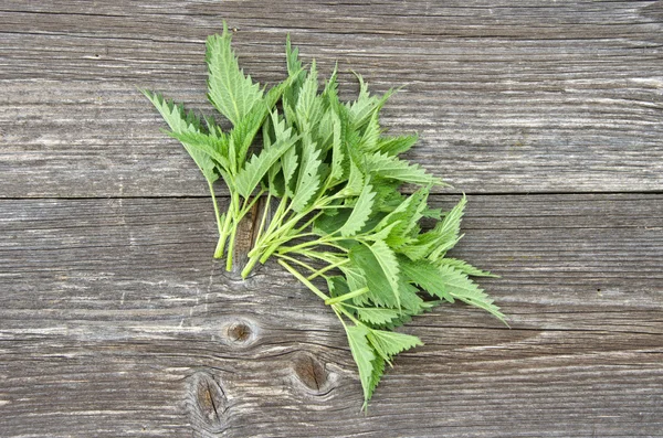 Fresh nettle leaf on wooden background — Stock Photo, Image