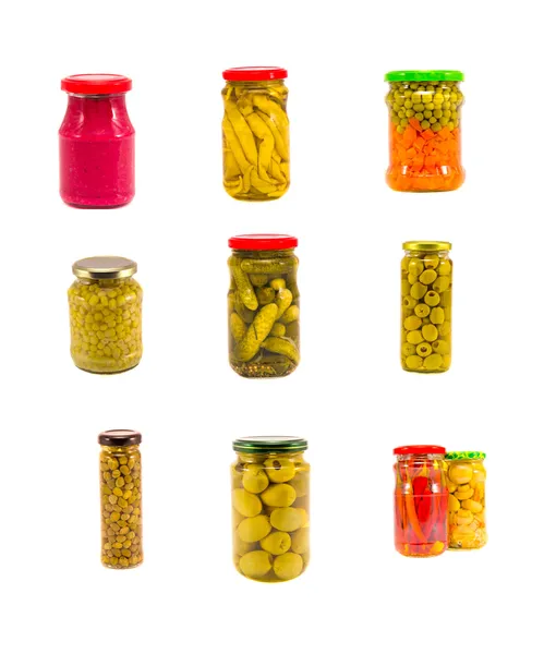 Variety canned vegetables glass pot collection isolated on white — Stock Photo, Image