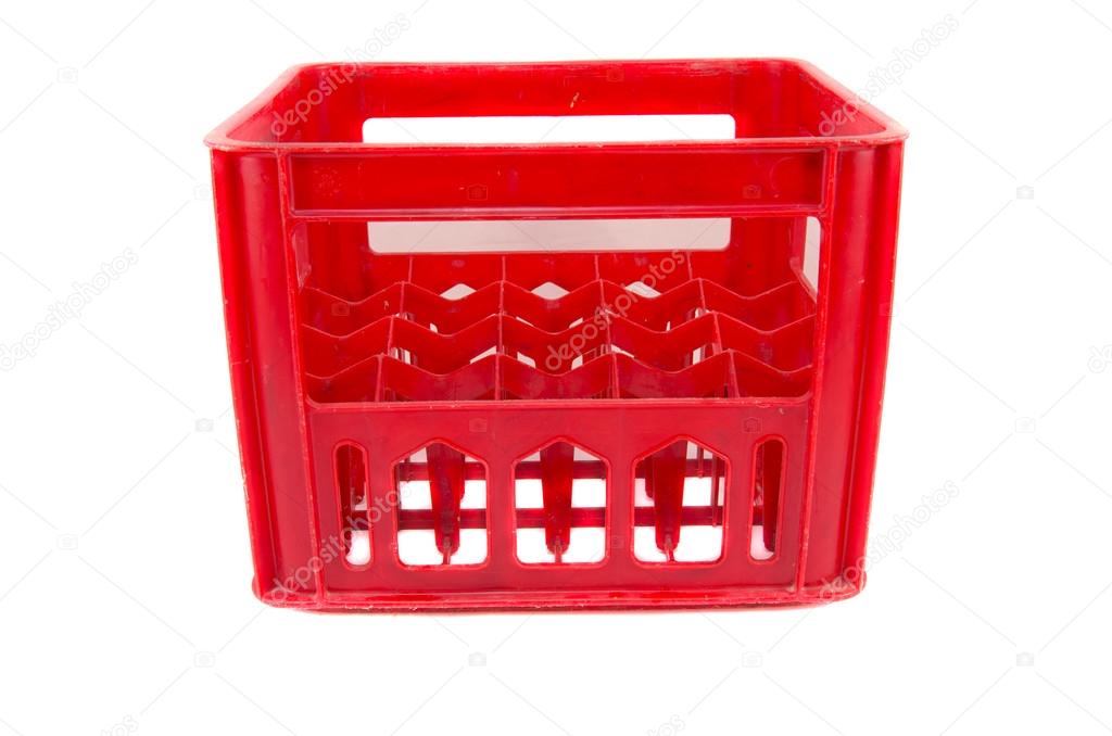 red plastic storage box on a white background