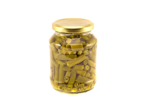 Green beans snap vegetables canned pickled in glass jar — Stock Photo, Image