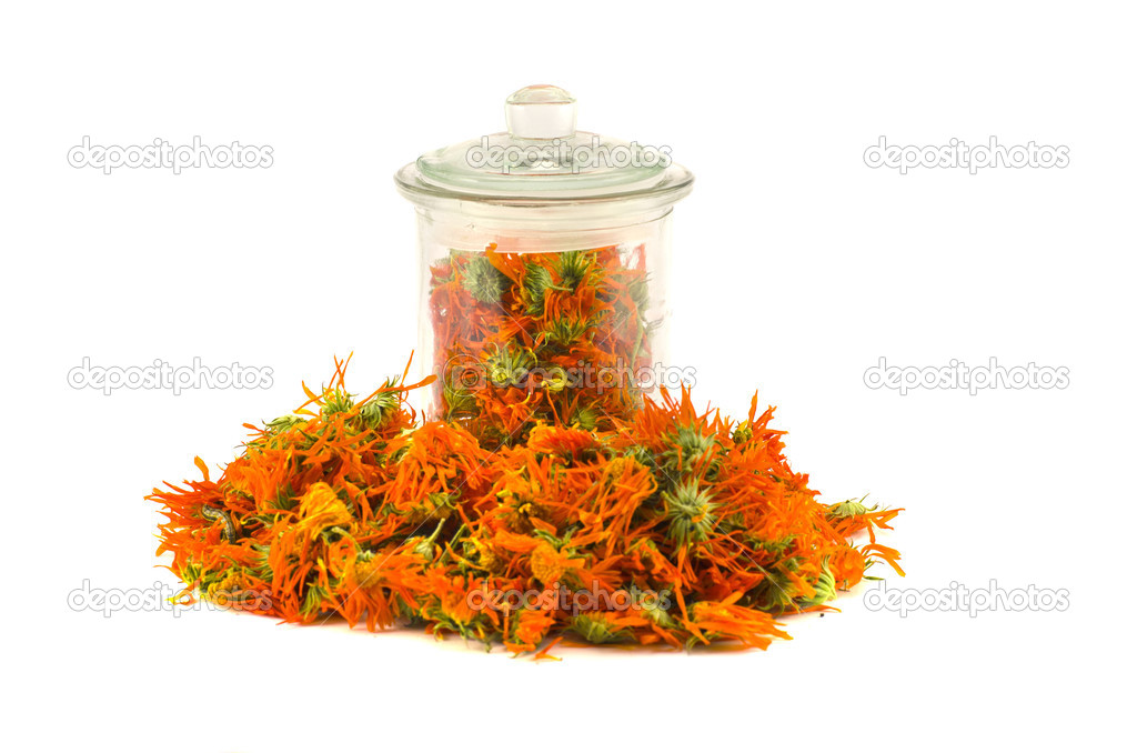 Calêndula seca calêndula flores ervas medicinais e frasco de vidro