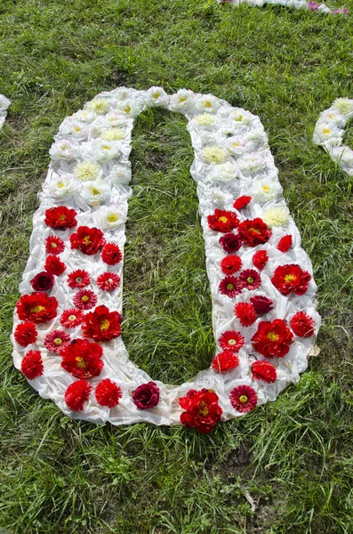 Letra del alfabeto de tela y flor O en la hierba en el parque —  Fotos de Stock