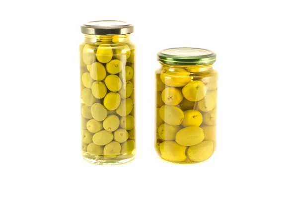Green olives two glass jar isolated on white — Stock Photo, Image