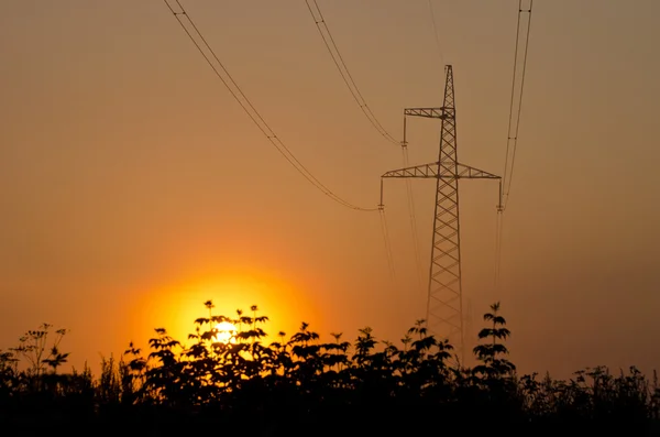 Hermoso amanecer de verano y poste de alto voltaje — Foto de Stock