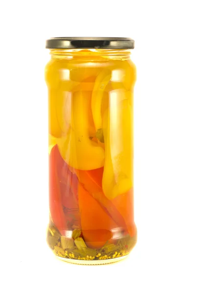 Canned sweet red and yellow pepper isolated on white — Stock Photo, Image