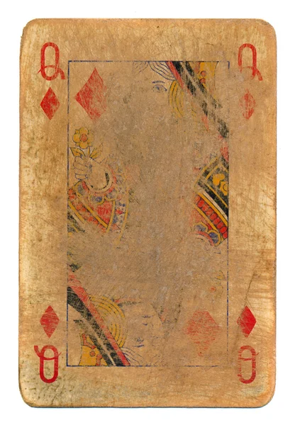 Oude gebruikte wreef speelkaart koningin van diamanten paper achtergrond — Stockfoto