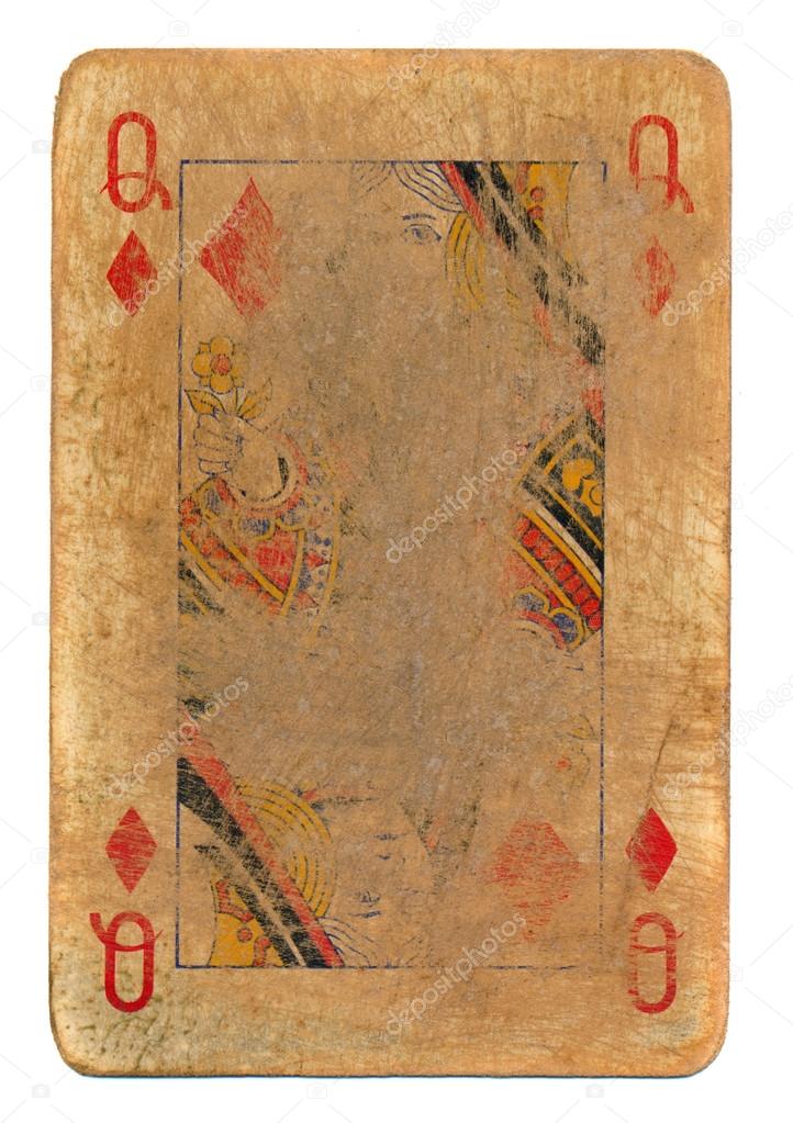 ancient used rubbed playing card queen of diamonds paper background