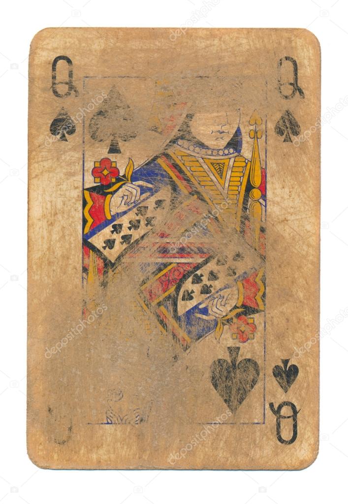 ancient used rubbed playing card queen of spades paper background isolated