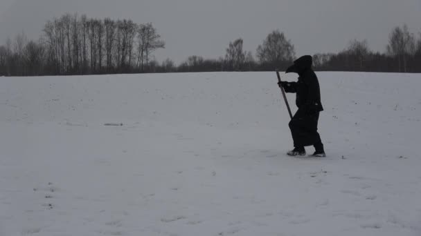 Врач Маске Черного Птичьего Клюва Поле Снегопаде Изображение Пандемий — стоковое видео