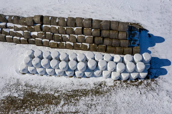 Stack Hay Bales Winter Farm Aerial View — Stock Photo, Image