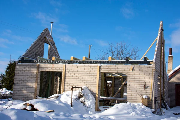 Hus Konstruktion Ram Väggar Snöig Vinter — Stockfoto