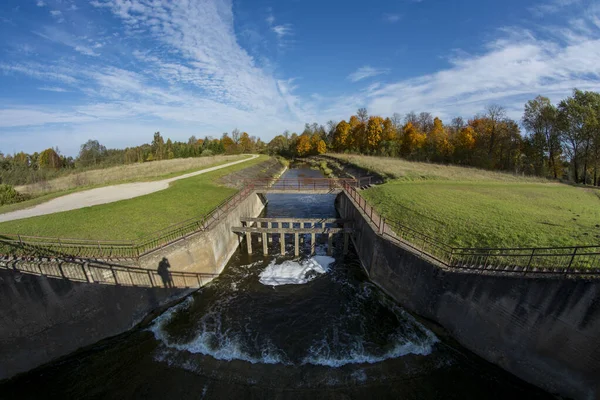 Lake River Dam Autumn Lithuania Fisheye View — Stock Photo, Image