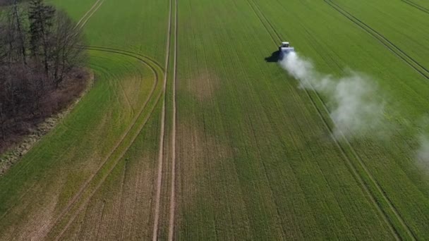 Trator Agrícola Espalhando Fertilizante Campo Trigo Primavera Vista Aérea — Vídeo de Stock