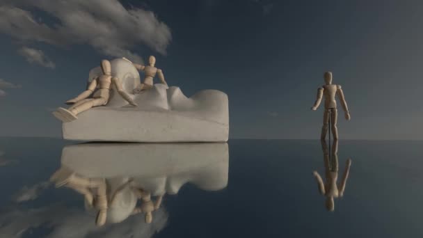 石膏石膏头和木制木乃伊在镜子和云彩上运动 时间流逝 — 图库视频影像