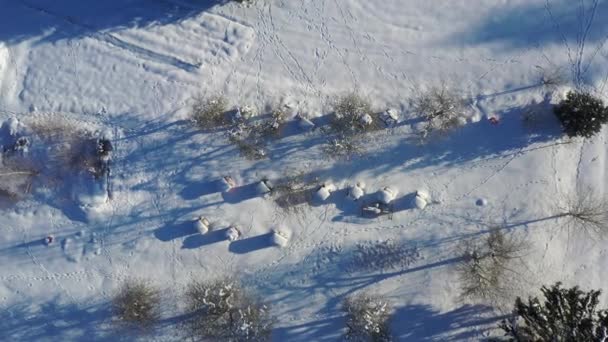 Jardim Inverno Com Colmeias Abelhas Nevadas Trilhas Animais Vista Aérea — Vídeo de Stock