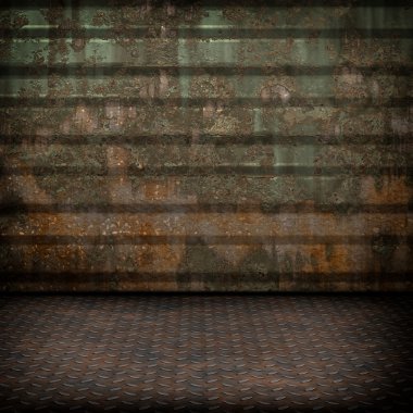 Grunge endüstriyel iç metal zemin ve duvar eski hasarlı