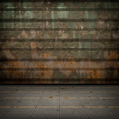 Grunge endüstriyel iç metal zemin ve duvar eski hasarlı