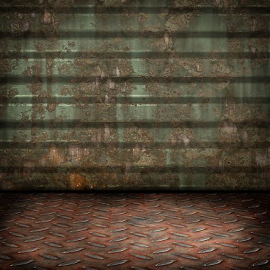 Grunge endüstriyel iç metal zemin ve duvar eski hasarlı