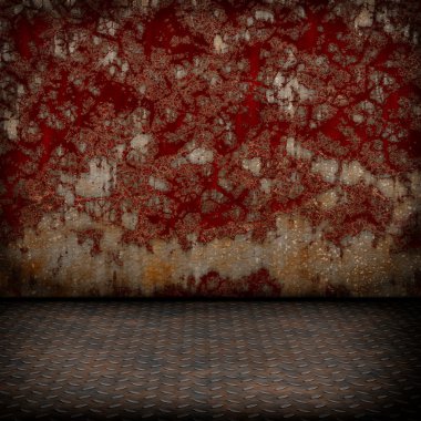 Grunge endüstriyel iç metal zemin ve duvar eski hasarlı