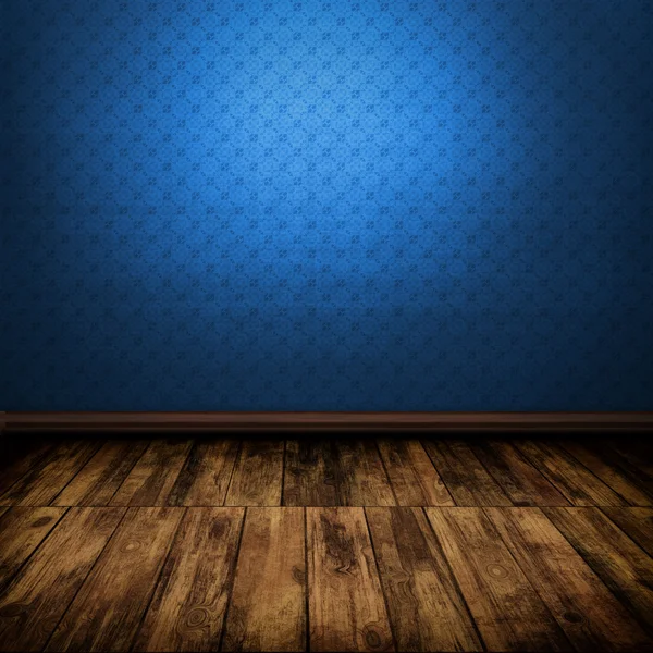 Donkere vintage blauwe kamer interieur met houten vloer — Stockfoto