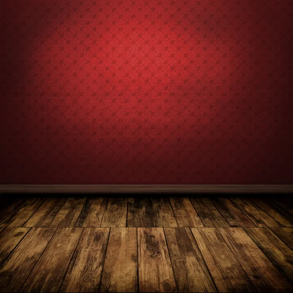 Interior de quarto vermelho vintage escuro com piso de madeira — Fotografia de Stock