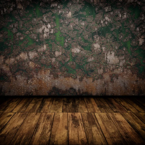 Grunge interno industriale con pavimento in legno e vecchio wal danneggiato — Foto Stock
