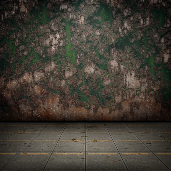 Grunge industrial interior with metal floor and old damaged wall — Stock Photo, Image