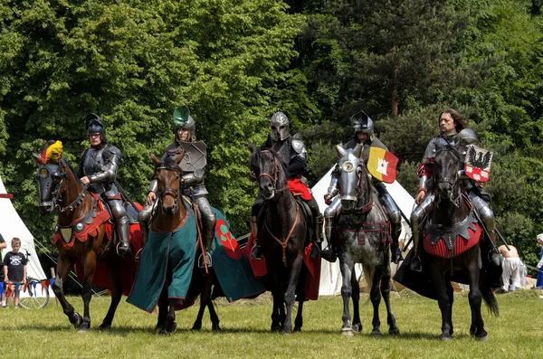 COZOW, POLÓNIA, JUNHO 9: 5 cavaleiros medievais a cavalo durante — Fotografia de Stock