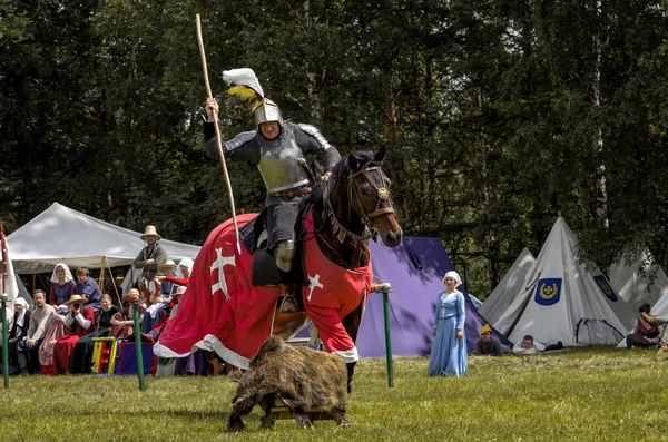 CHORZOW,POLAND, JUNE 9: Medieval knight on horseback showing the — Stock Photo, Image