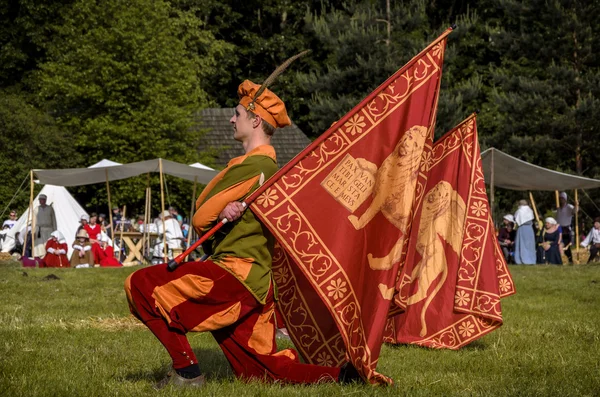 CHORZOW, POLOGNE, 9 JUIN : L'équipe "Gwardia Gryfa" joue le drapeau dan — Photo