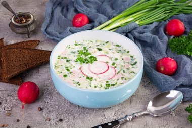 Yoğurt ve sebzeli soğuk yaz çorbası. Geleneksel Rus soğuk çorbası okroshka
