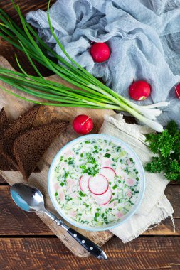 Yoğurt ve sebzeli soğuk yaz çorbası. Geleneksel Rus çorbası okroshka. Üst görünüm