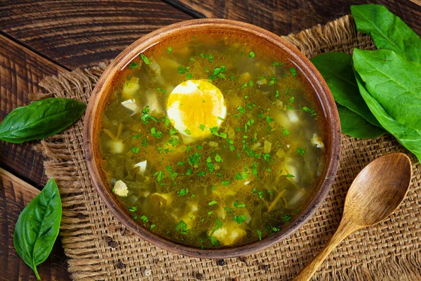 Sorrel Sup Dalam Mangkuk Sup Hijau Tradisional Rusia Dengan Sorrel Stok Foto