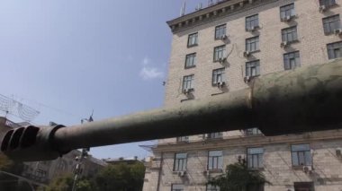 Damaged military equipment in the war.Broken military equipment of Russia put on display on the square for the Independence Day of Ukraine