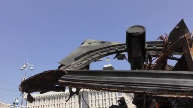 Damaged military equipment in the war.Broken military equipment of Russia put on display on the square for the Independence Day of Ukraine