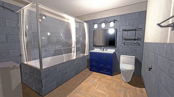 Gray Bathroom Bathtub Shower Crystal Walls Blue Sink Toilet — Photo