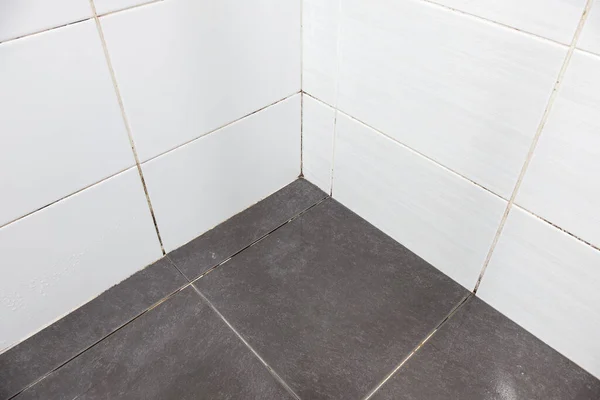 Floor Tiles Loose Grout Dirty Wall Tiles Corner Bathroom Front — Fotografia de Stock