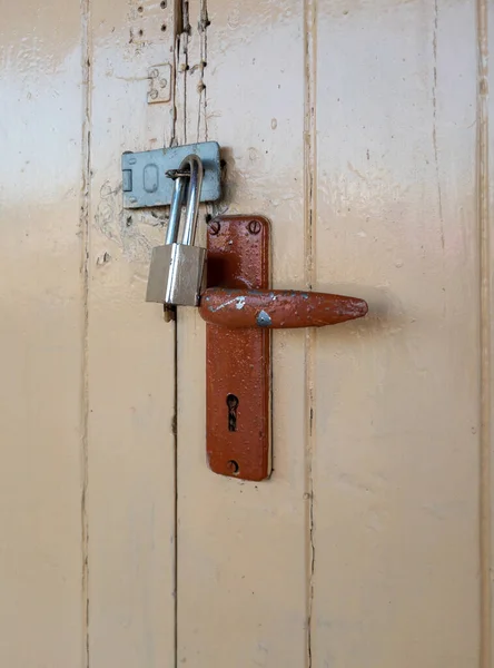 Silver Padlock Locked Wooden Door Old Commercial Building Front View — Photo